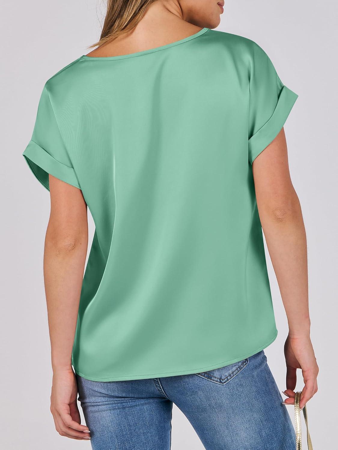 imageANRABESS Womens Summer Dressy Casual Short Sleeve Shirts Crewneck Satin 2025 Business Office Work Blouse TopsLight Green