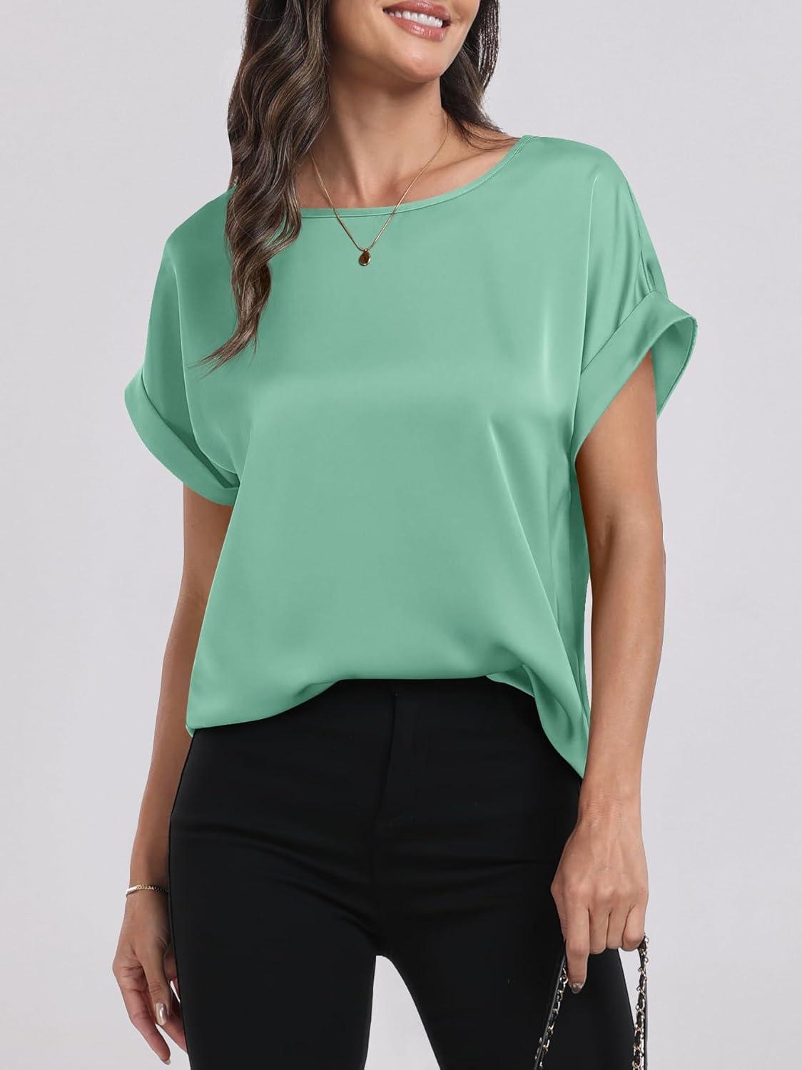 imageANRABESS Womens Summer Dressy Casual Short Sleeve Shirts Crewneck Satin 2025 Business Office Work Blouse TopsLight Green