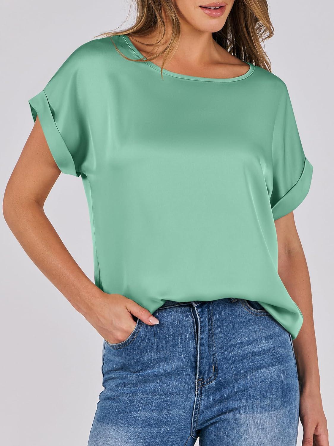 imageANRABESS Womens Summer Dressy Casual Short Sleeve Shirts Crewneck Satin 2025 Business Office Work Blouse TopsLight Green