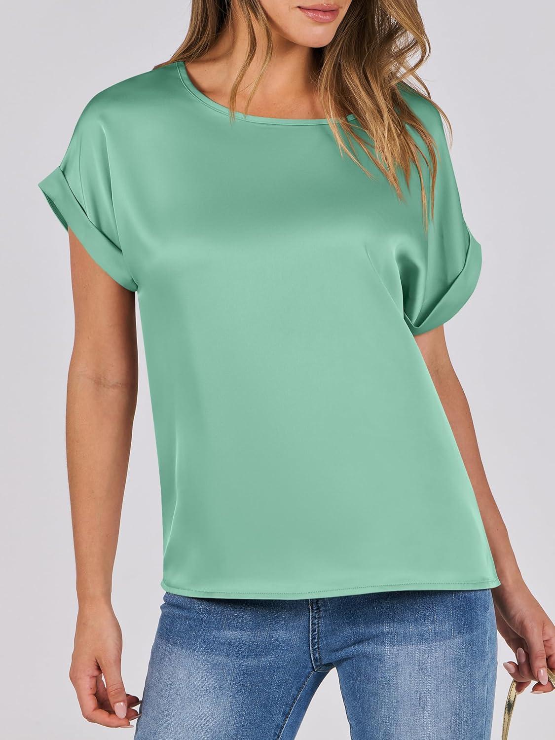 imageANRABESS Womens Summer Dressy Casual Short Sleeve Shirts Crewneck Satin 2025 Business Office Work Blouse TopsLight Green