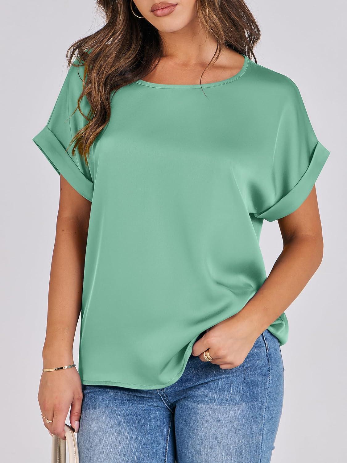imageANRABESS Womens Summer Dressy Casual Short Sleeve Shirts Crewneck Satin 2025 Business Office Work Blouse TopsLight Green