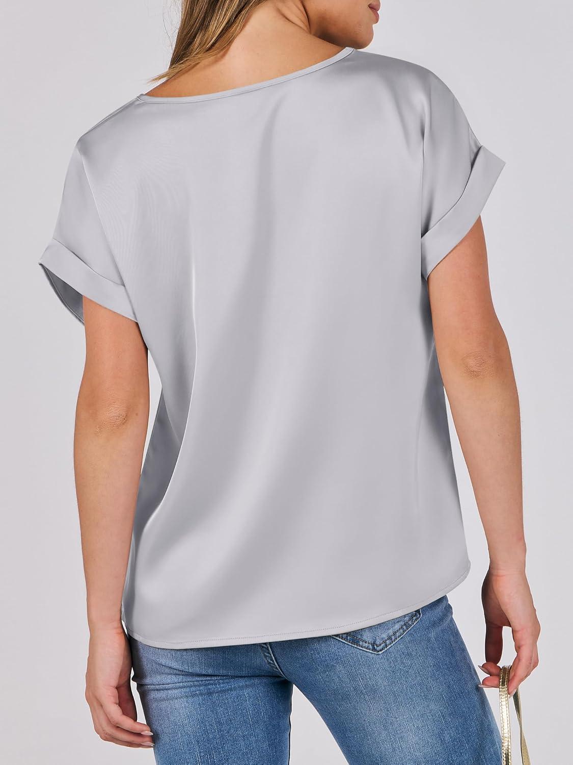 imageANRABESS Womens Summer Dressy Casual Short Sleeve Shirts Crewneck Satin 2025 Business Office Work Blouse TopsLight Grey
