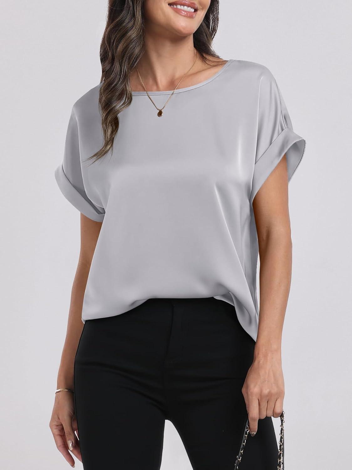 imageANRABESS Womens Summer Dressy Casual Short Sleeve Shirts Crewneck Satin 2025 Business Office Work Blouse TopsLight Grey