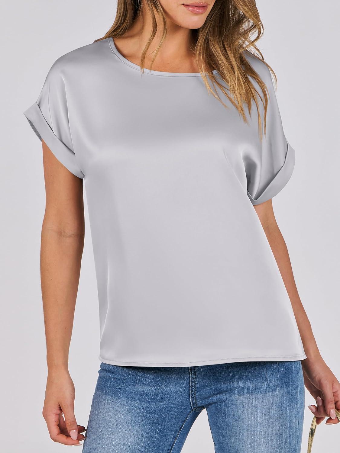 imageANRABESS Womens Summer Dressy Casual Short Sleeve Shirts Crewneck Satin 2025 Business Office Work Blouse TopsLight Grey