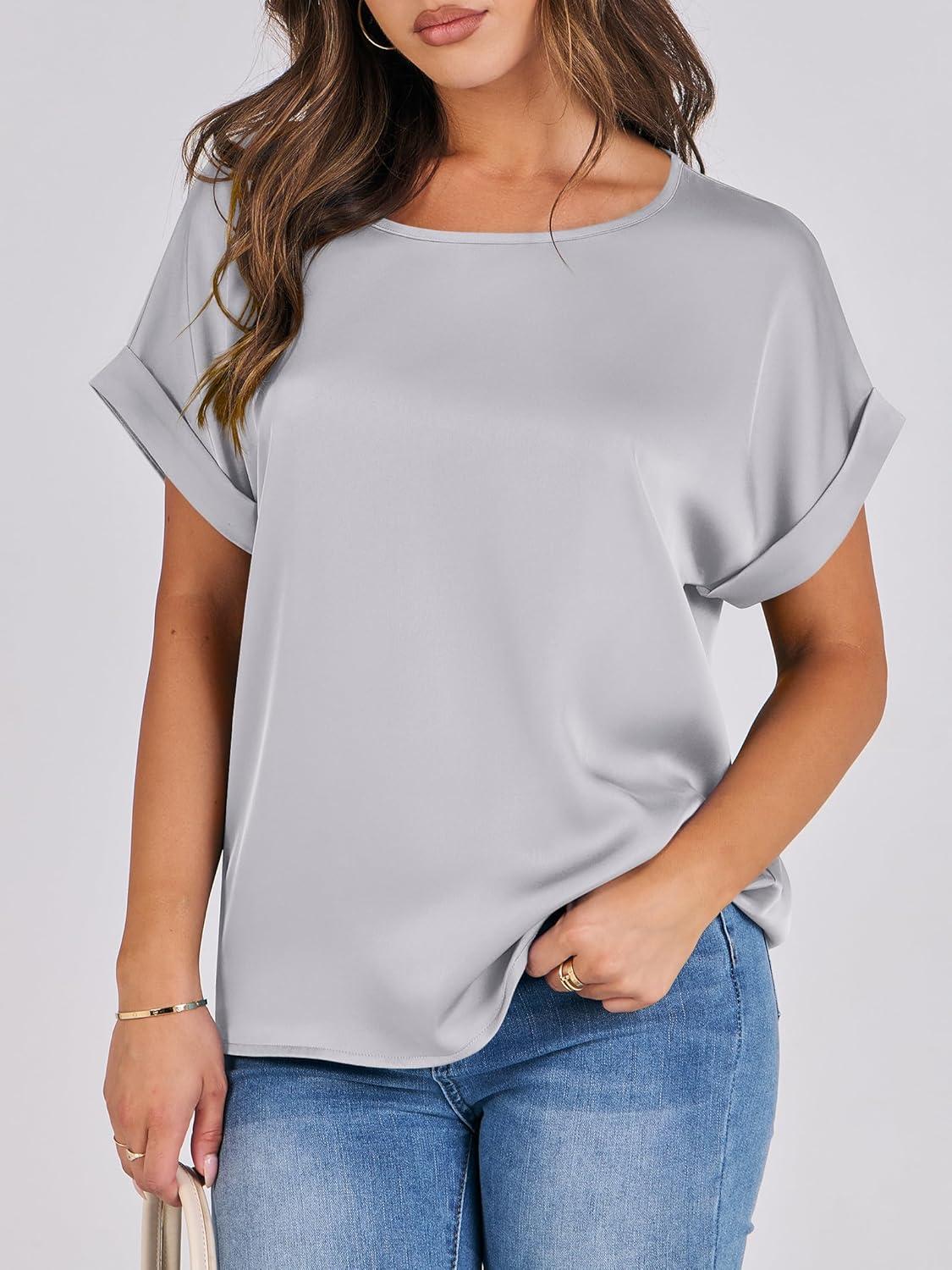 imageANRABESS Womens Summer Dressy Casual Short Sleeve Shirts Crewneck Satin 2025 Business Office Work Blouse TopsLight Grey