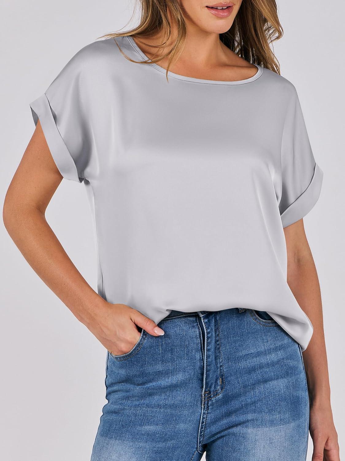 imageANRABESS Womens Summer Dressy Casual Short Sleeve Shirts Crewneck Satin 2025 Business Office Work Blouse TopsLight Grey