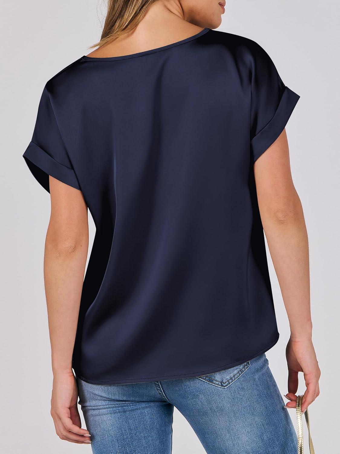 imageANRABESS Womens Summer Dressy Casual Short Sleeve Shirts Crewneck Satin 2025 Business Office Work Blouse TopsNavy Blue