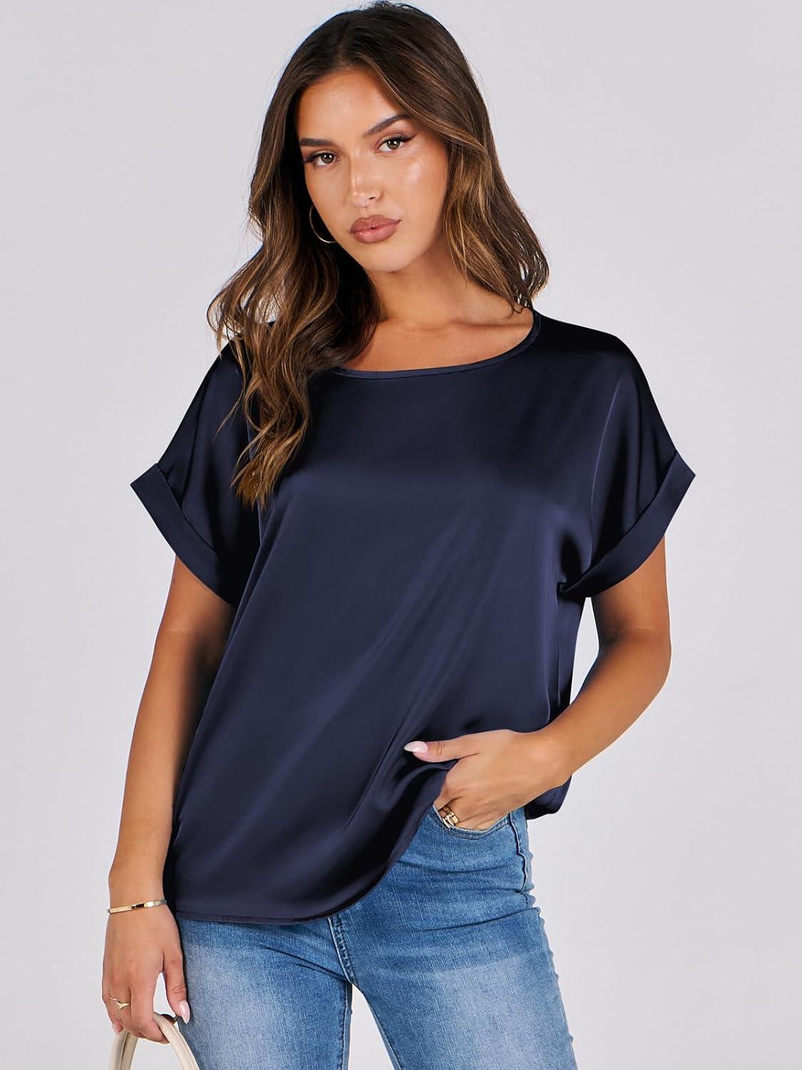 imageANRABESS Womens Summer Dressy Casual Short Sleeve Shirts Crewneck Satin 2025 Business Office Work Blouse TopsNavy Blue