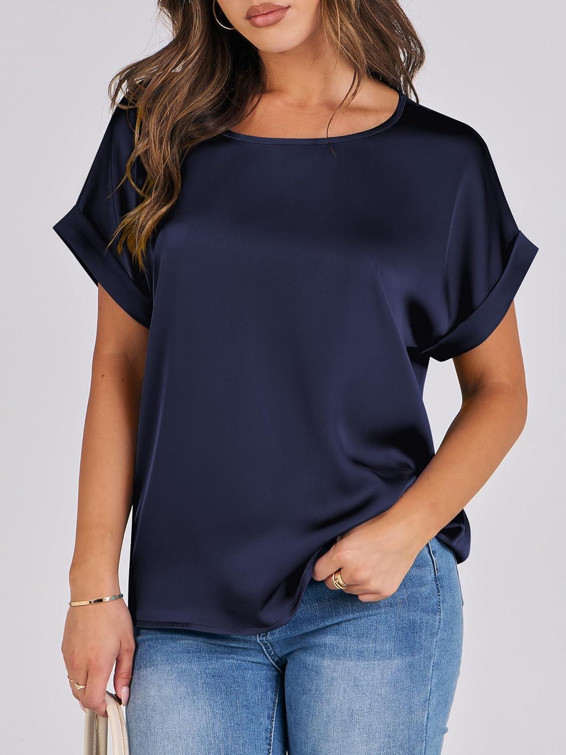 imageANRABESS Womens Summer Dressy Casual Short Sleeve Shirts Crewneck Satin 2025 Business Office Work Blouse TopsNavy Blue