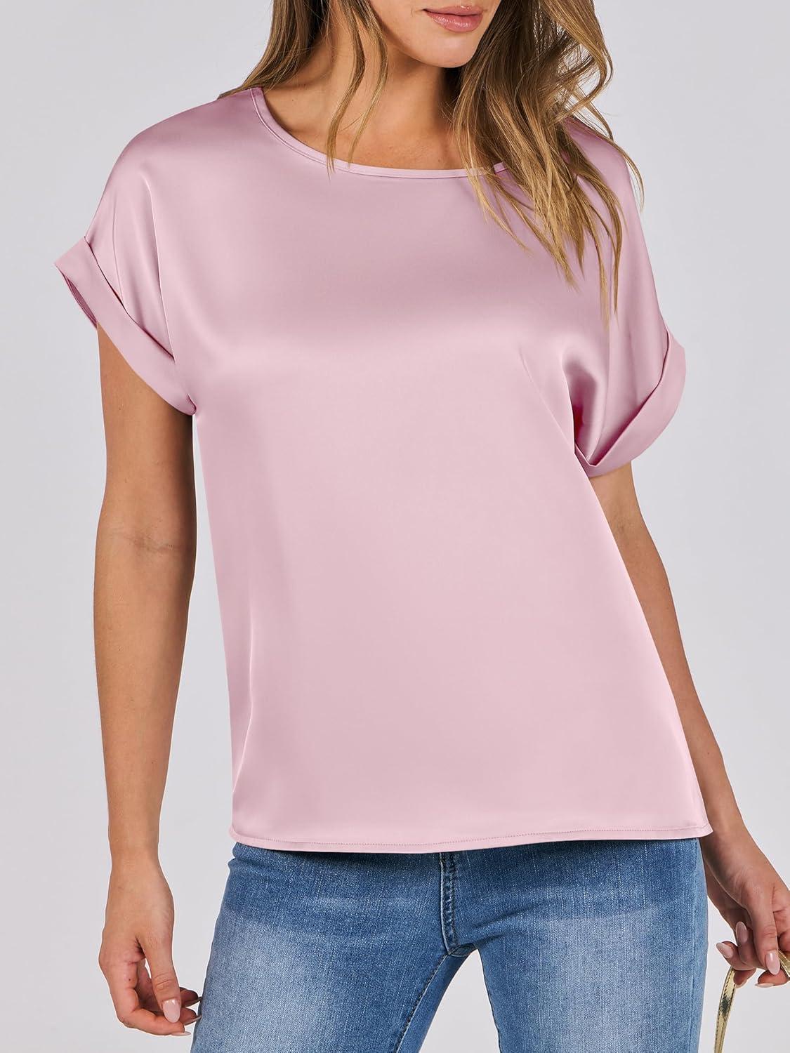 imageANRABESS Womens Summer Dressy Casual Short Sleeve Shirts Crewneck Satin 2025 Business Office Work Blouse TopsPink