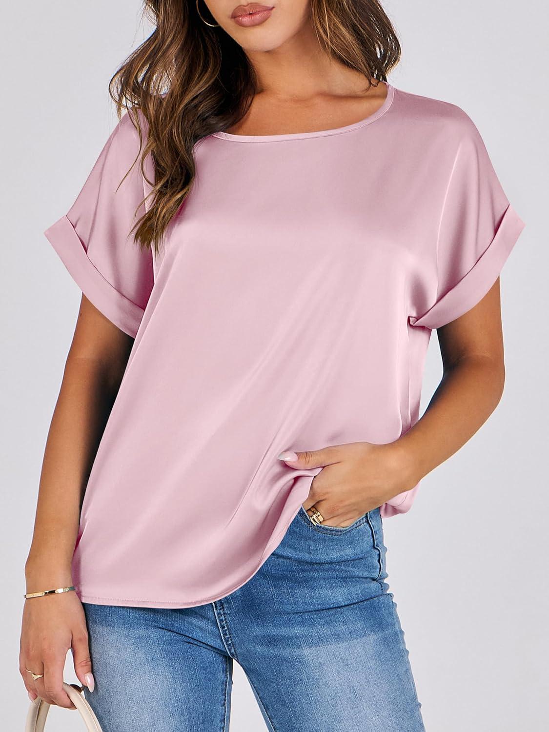 imageANRABESS Womens Summer Dressy Casual Short Sleeve Shirts Crewneck Satin 2025 Business Office Work Blouse TopsPink