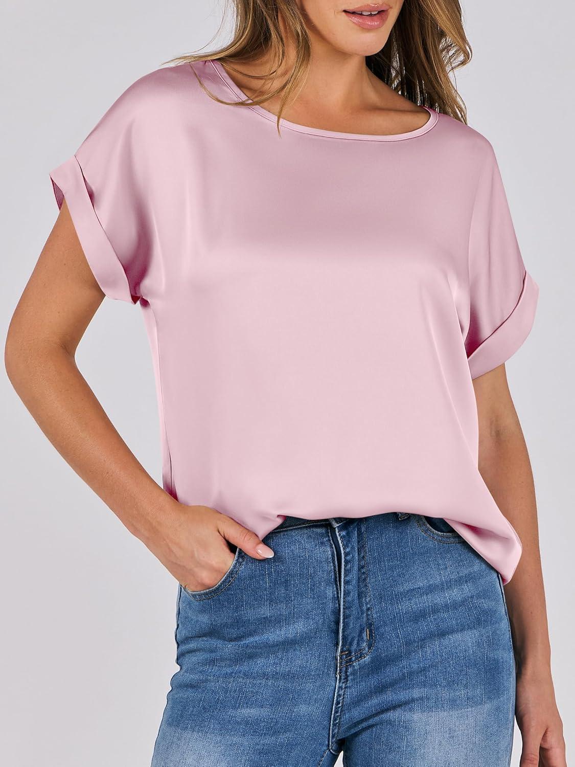 imageANRABESS Womens Summer Dressy Casual Short Sleeve Shirts Crewneck Satin 2025 Business Office Work Blouse TopsPink