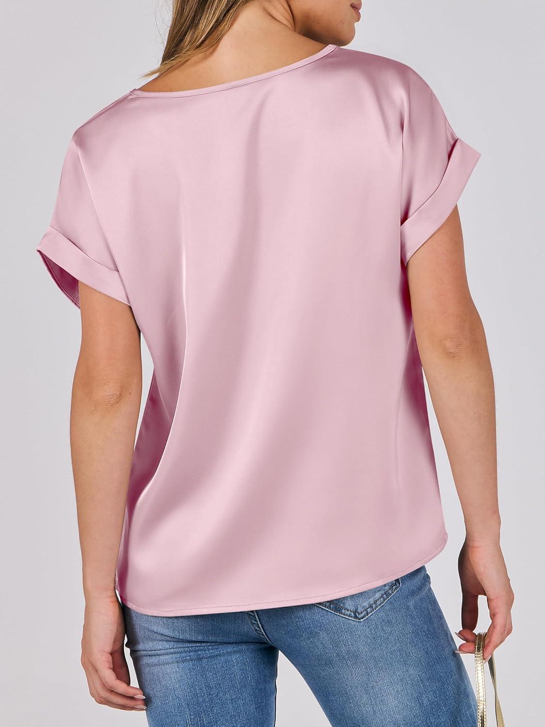 imageANRABESS Womens Summer Dressy Casual Short Sleeve Shirts Crewneck Satin 2025 Business Office Work Blouse TopsPink