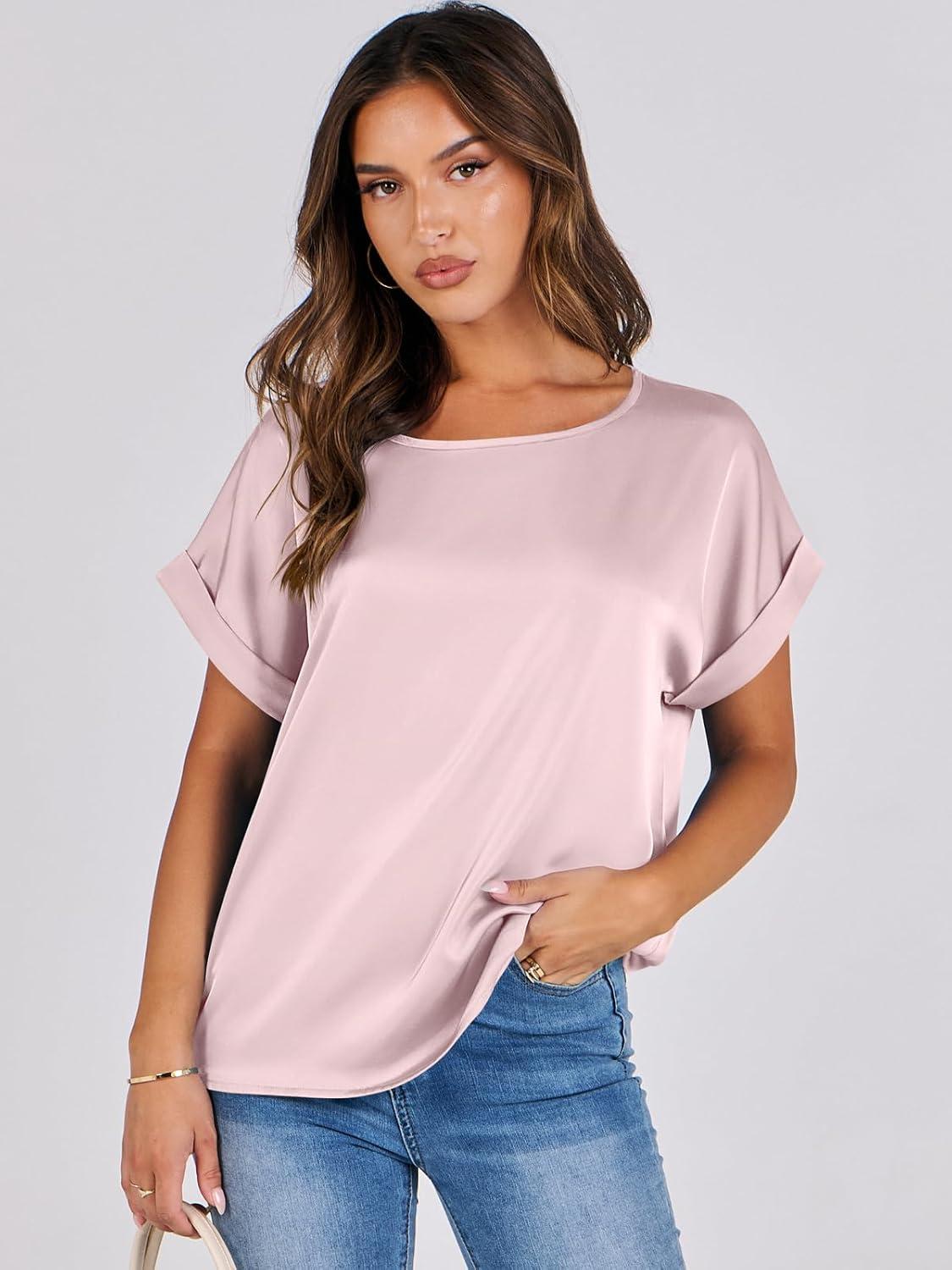 imageANRABESS Womens Summer Dressy Casual Short Sleeve Shirts Crewneck Satin 2025 Business Office Work Blouse TopsPink