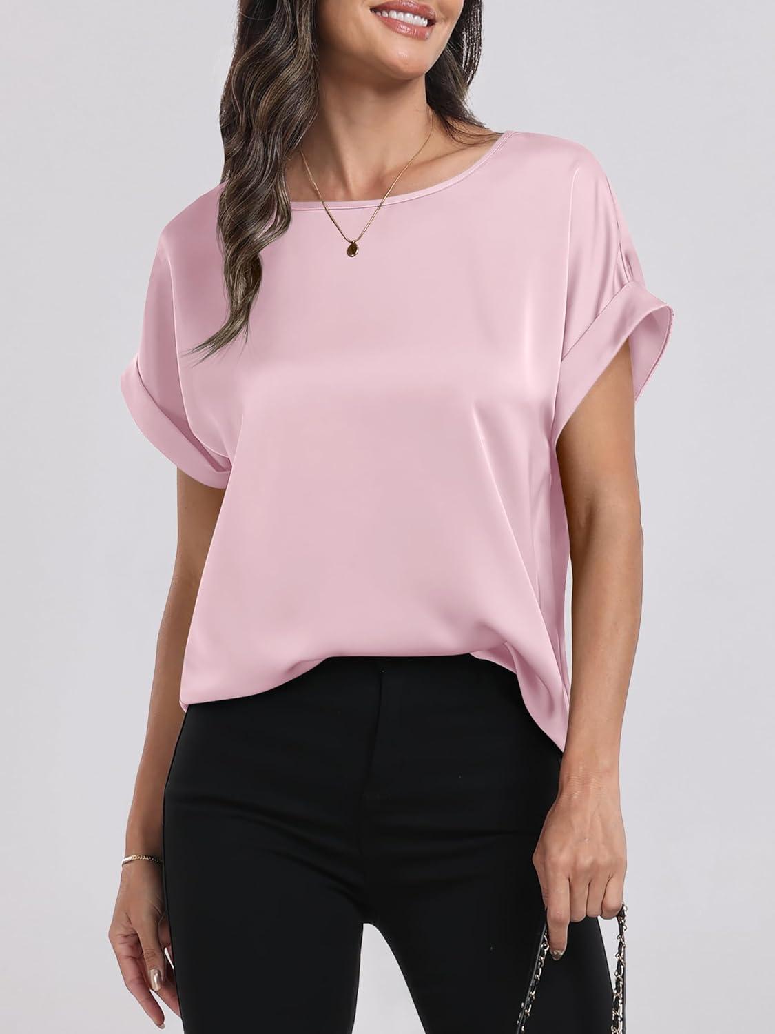 imageANRABESS Womens Summer Dressy Casual Short Sleeve Shirts Crewneck Satin 2025 Business Office Work Blouse TopsPink