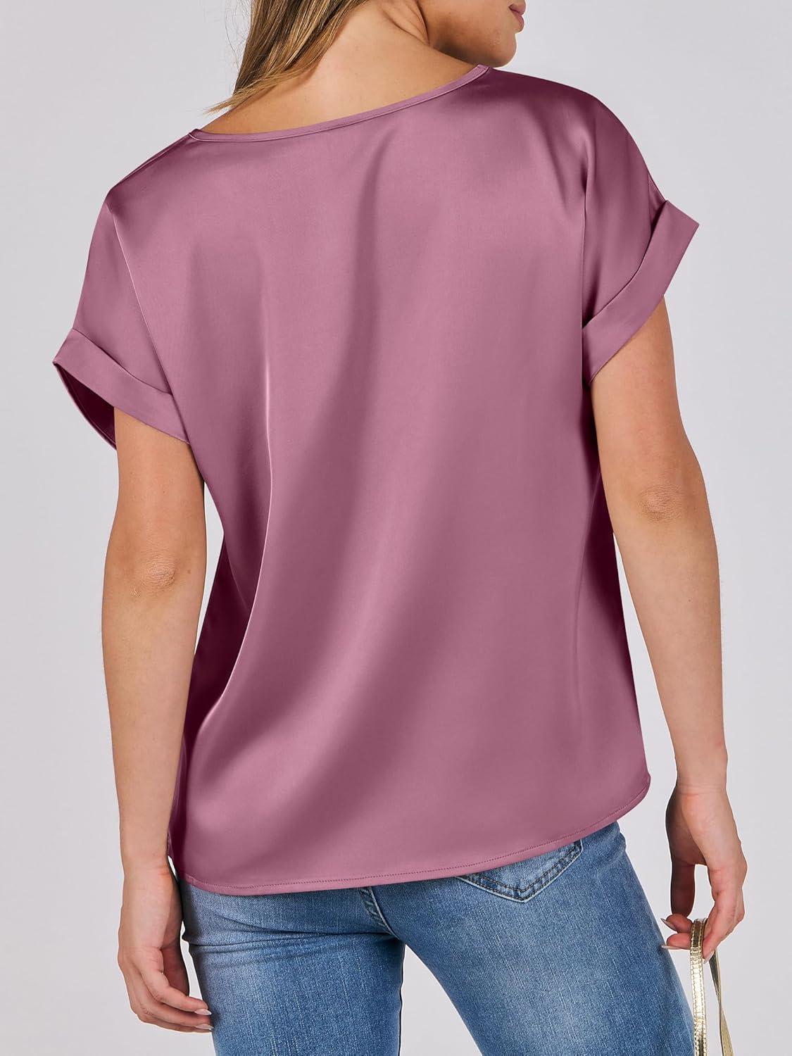 imageANRABESS Womens Summer Dressy Casual Short Sleeve Shirts Crewneck Satin 2025 Business Office Work Blouse TopsPink Purple