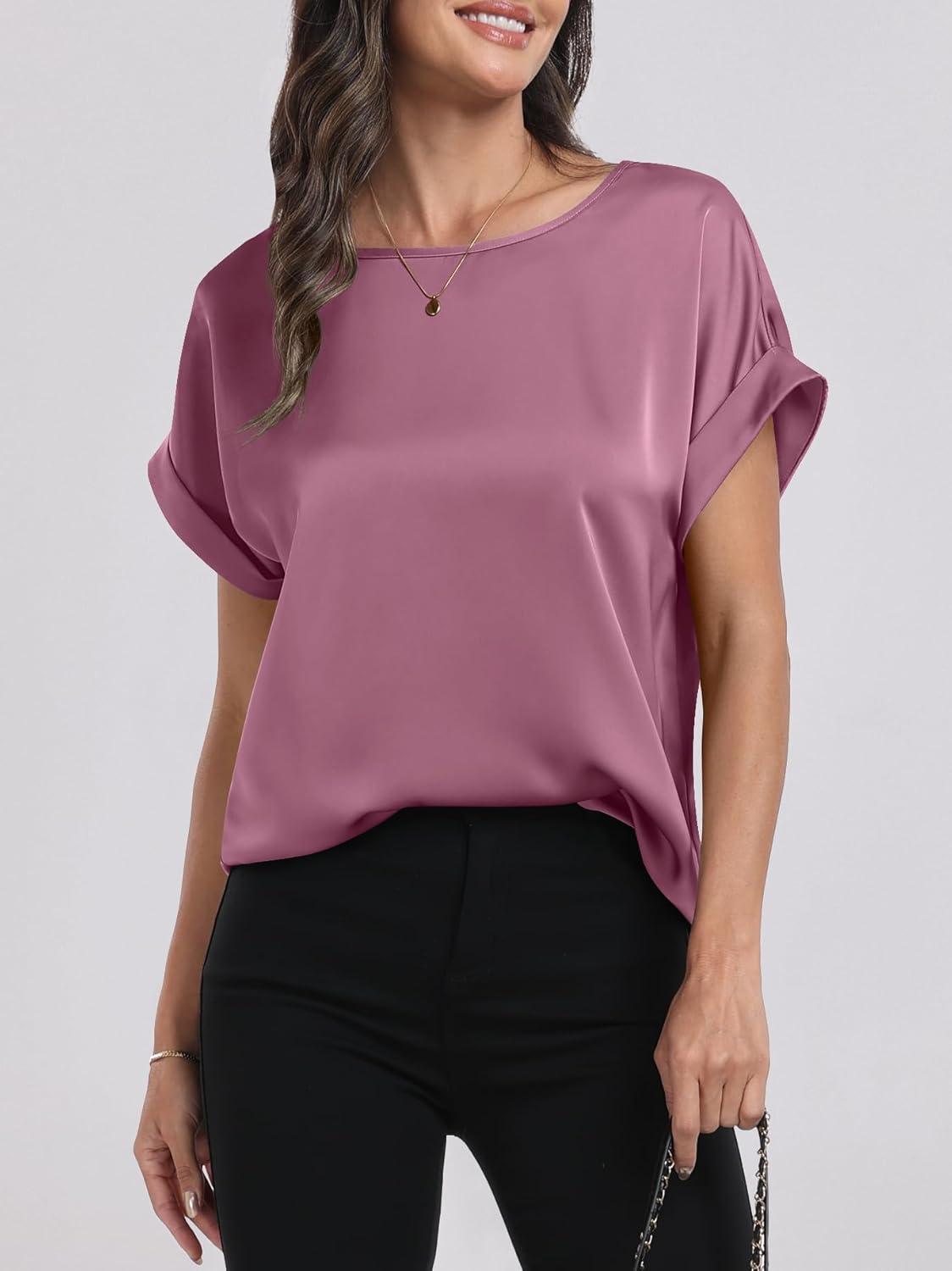 imageANRABESS Womens Summer Dressy Casual Short Sleeve Shirts Crewneck Satin 2025 Business Office Work Blouse TopsPink Purple