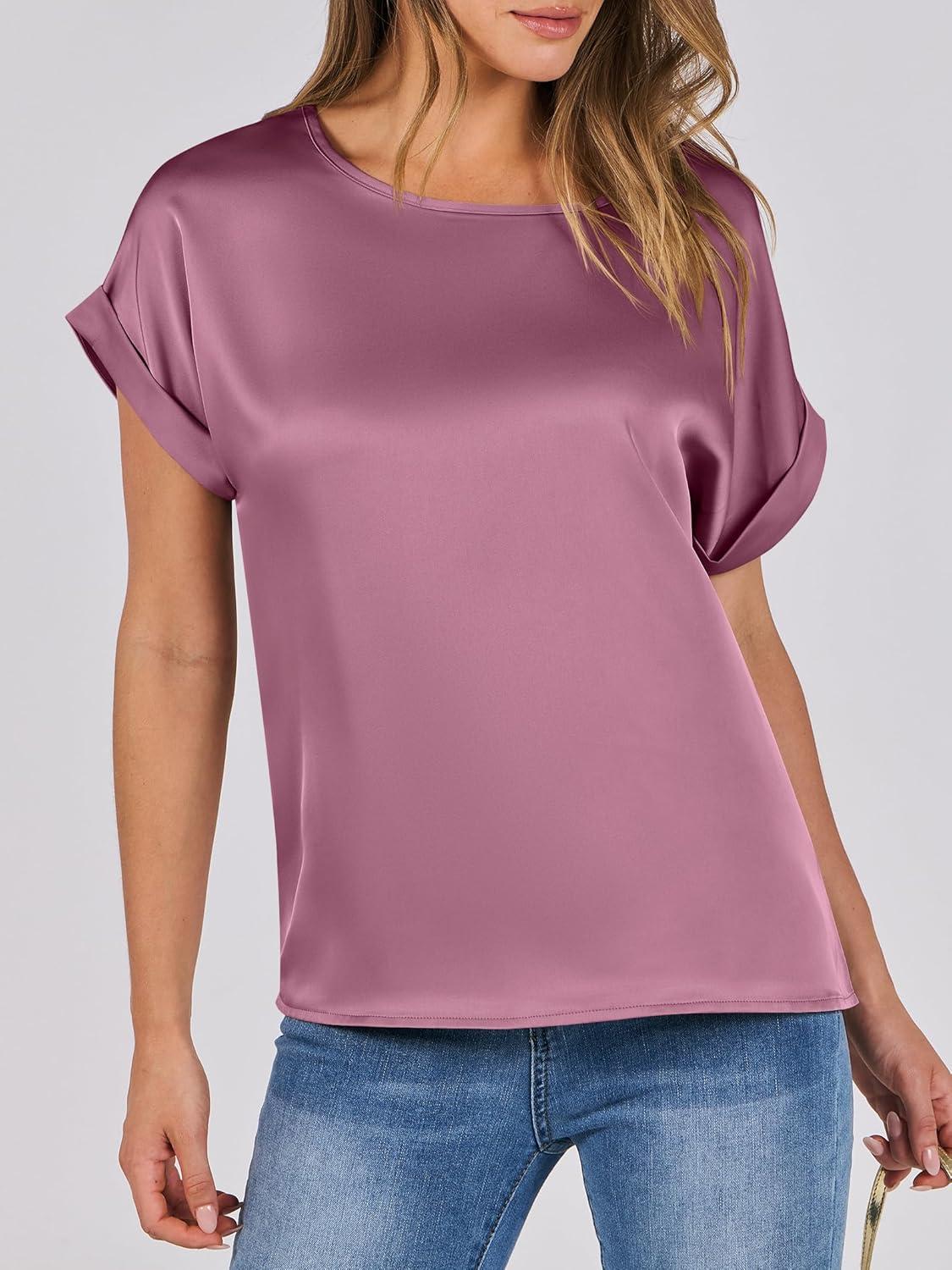 imageANRABESS Womens Summer Dressy Casual Short Sleeve Shirts Crewneck Satin 2025 Business Office Work Blouse TopsPink Purple