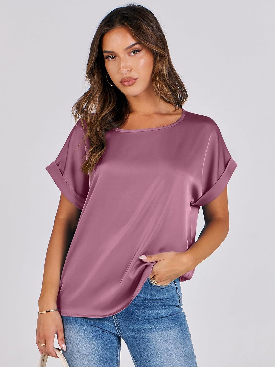 imageANRABESS Womens Summer Dressy Casual Short Sleeve Shirts Crewneck Satin 2025 Business Office Work Blouse TopsPink Purple
