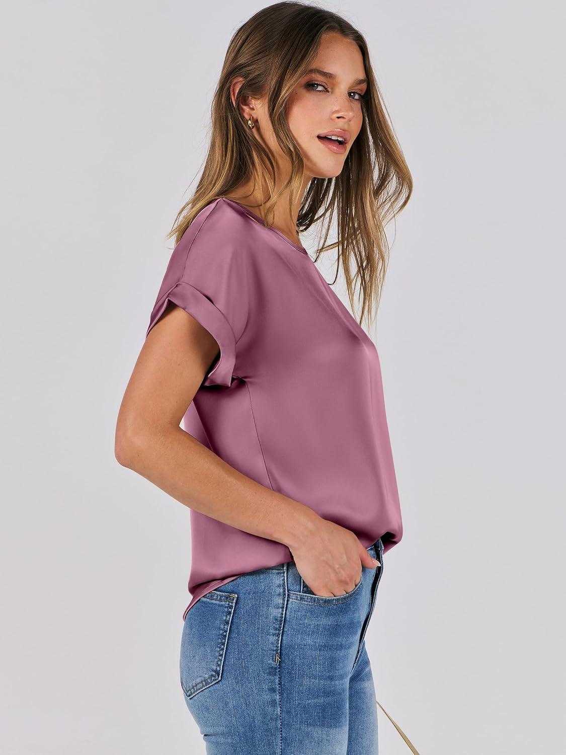 imageANRABESS Womens Summer Dressy Casual Short Sleeve Shirts Crewneck Satin 2025 Business Office Work Blouse TopsPink Purple