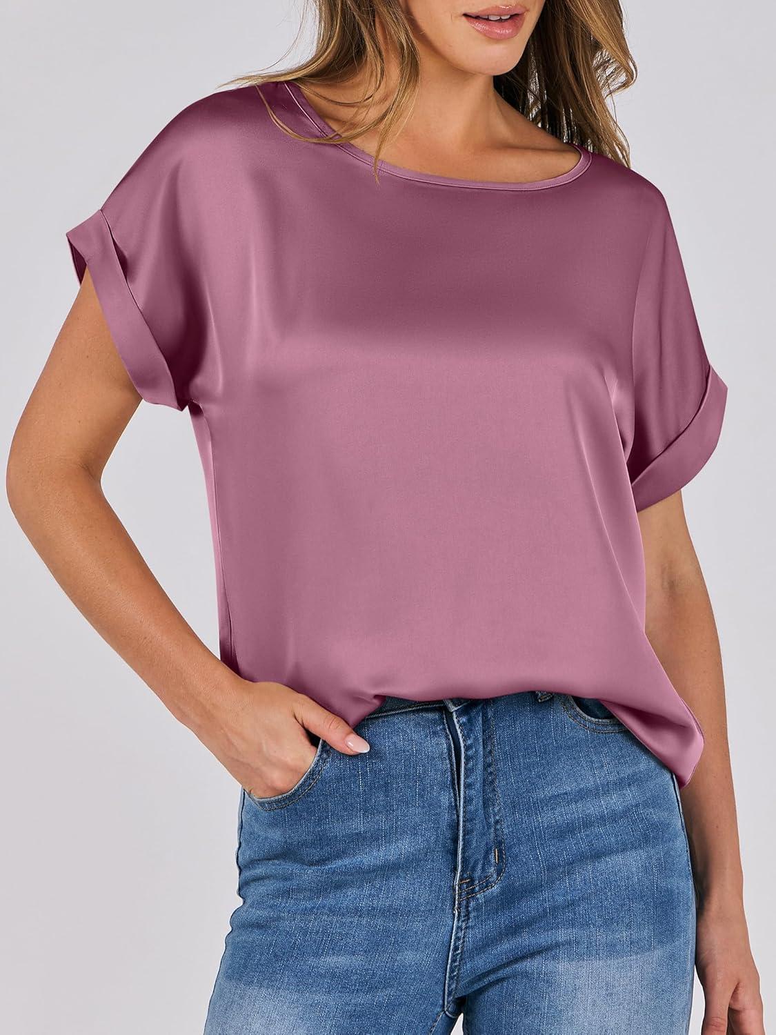 imageANRABESS Womens Summer Dressy Casual Short Sleeve Shirts Crewneck Satin 2025 Business Office Work Blouse TopsPink Purple