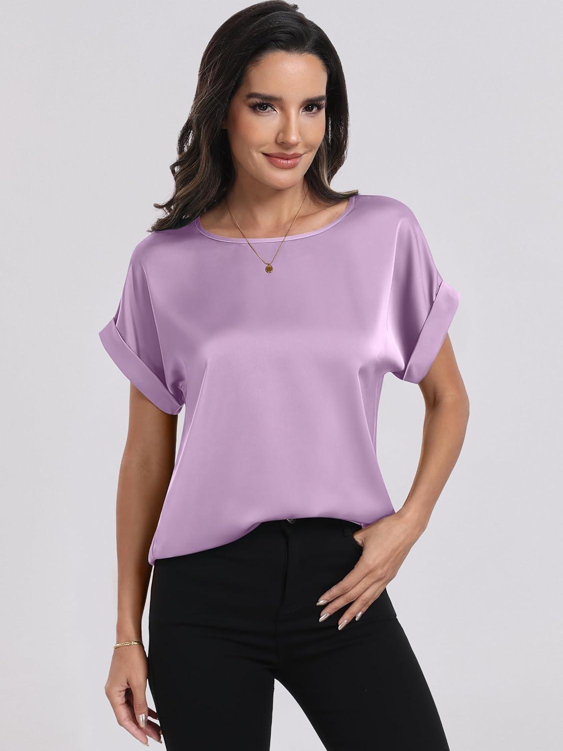 imageANRABESS Womens Summer Dressy Casual Short Sleeve Shirts Crewneck Satin 2025 Business Office Work Blouse TopsPurple