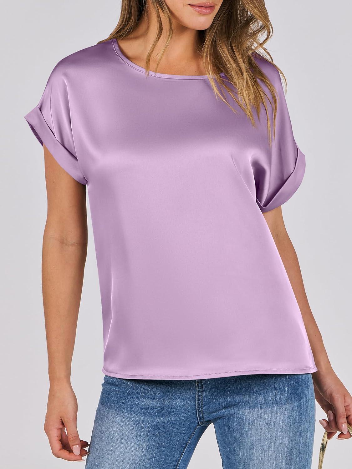 imageANRABESS Womens Summer Dressy Casual Short Sleeve Shirts Crewneck Satin 2025 Business Office Work Blouse TopsPurple