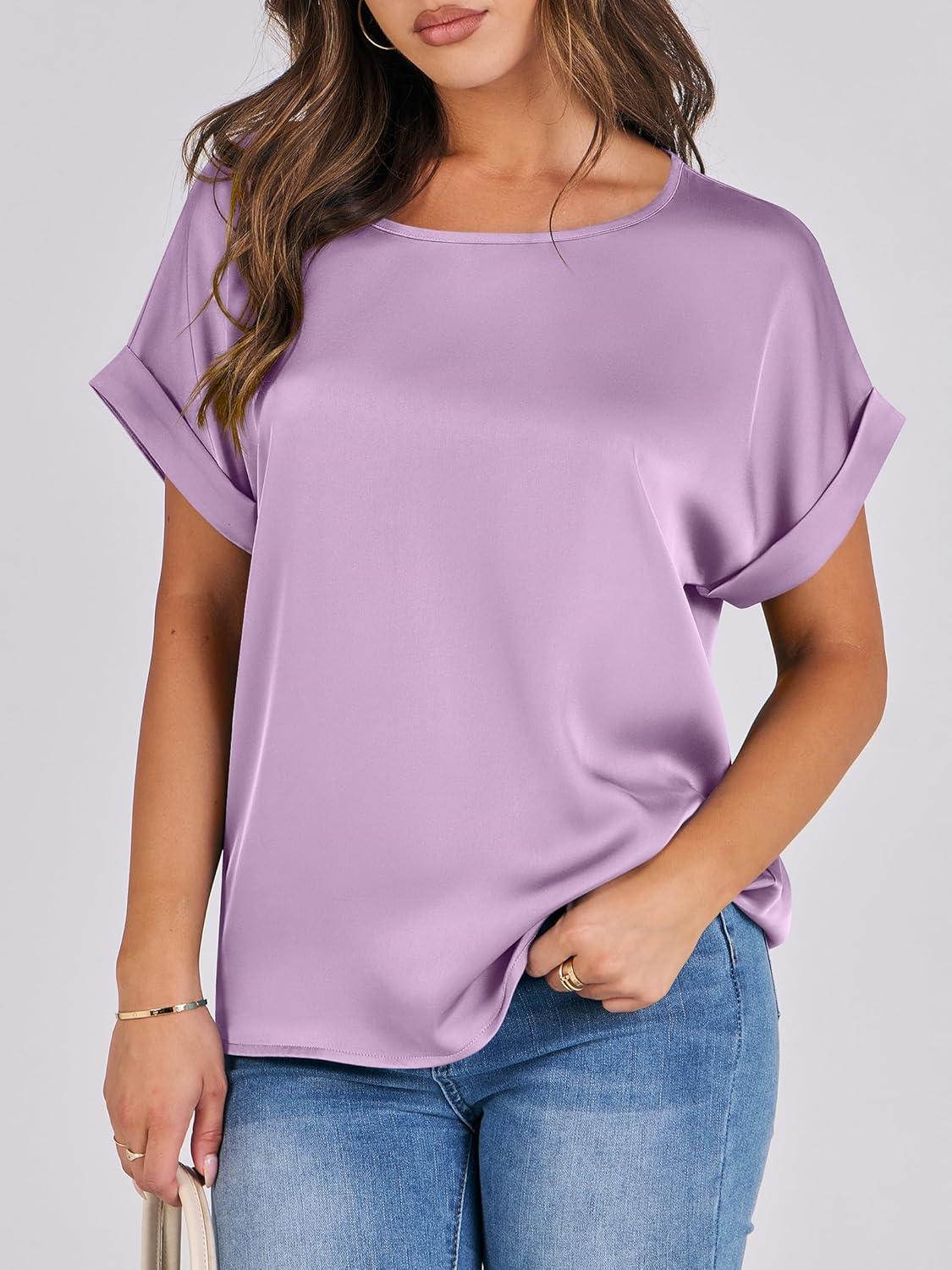 imageANRABESS Womens Summer Dressy Casual Short Sleeve Shirts Crewneck Satin 2025 Business Office Work Blouse TopsPurple