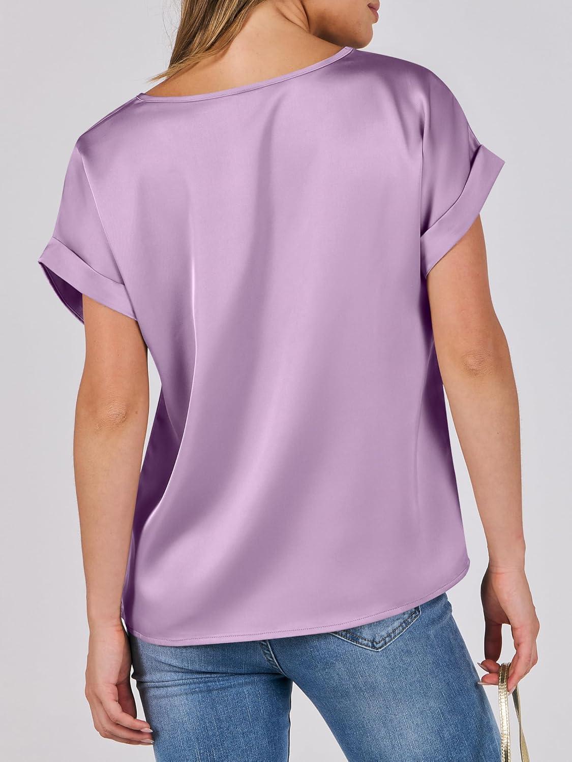 imageANRABESS Womens Summer Dressy Casual Short Sleeve Shirts Crewneck Satin 2025 Business Office Work Blouse TopsPurple