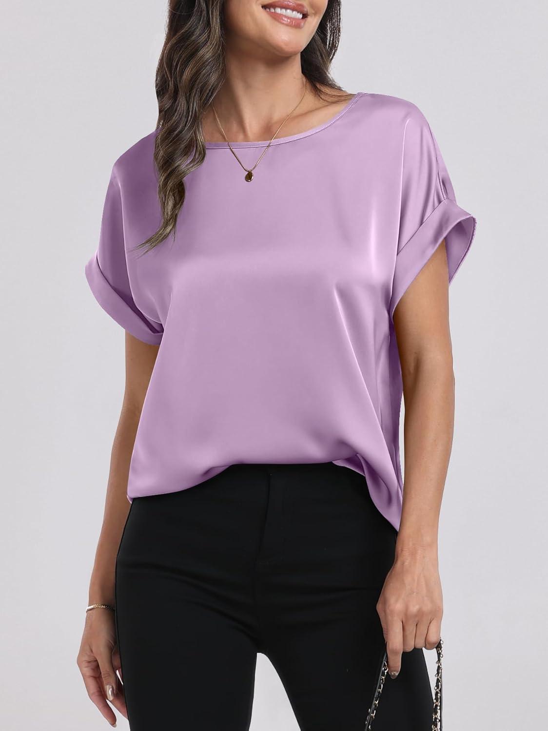 imageANRABESS Womens Summer Dressy Casual Short Sleeve Shirts Crewneck Satin 2025 Business Office Work Blouse TopsPurple