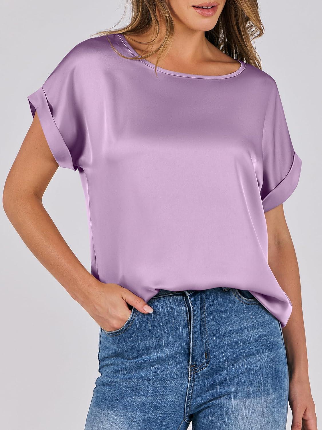 imageANRABESS Womens Summer Dressy Casual Short Sleeve Shirts Crewneck Satin 2025 Business Office Work Blouse TopsPurple