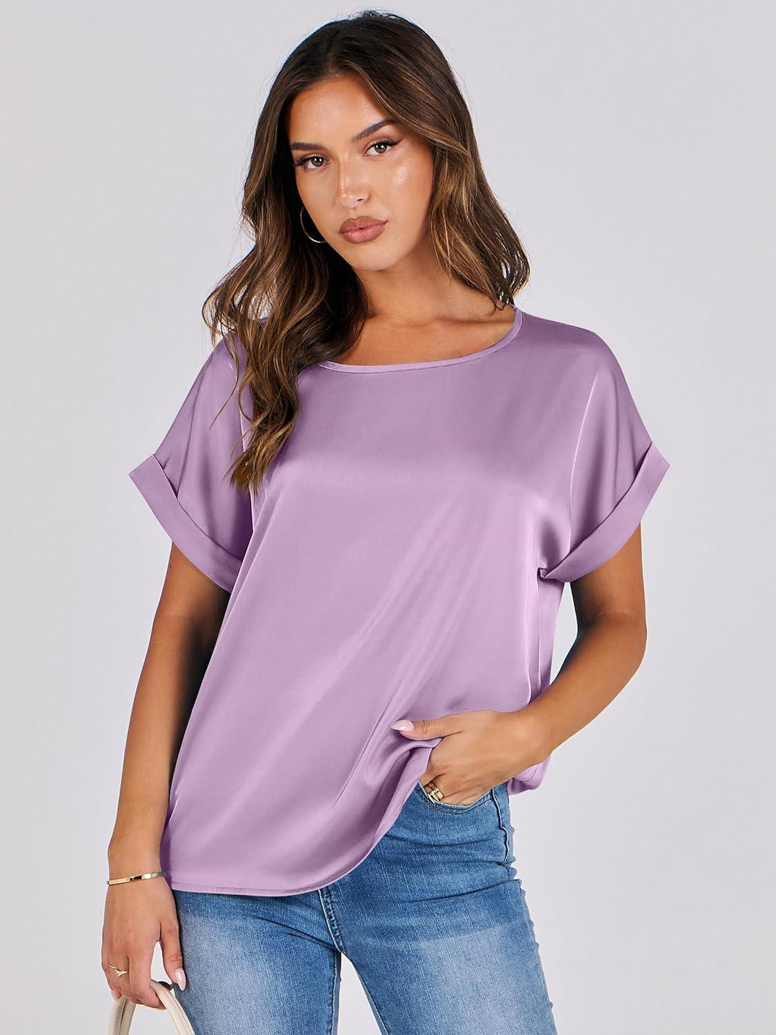 imageANRABESS Womens Summer Dressy Casual Short Sleeve Shirts Crewneck Satin 2025 Business Office Work Blouse TopsPurple