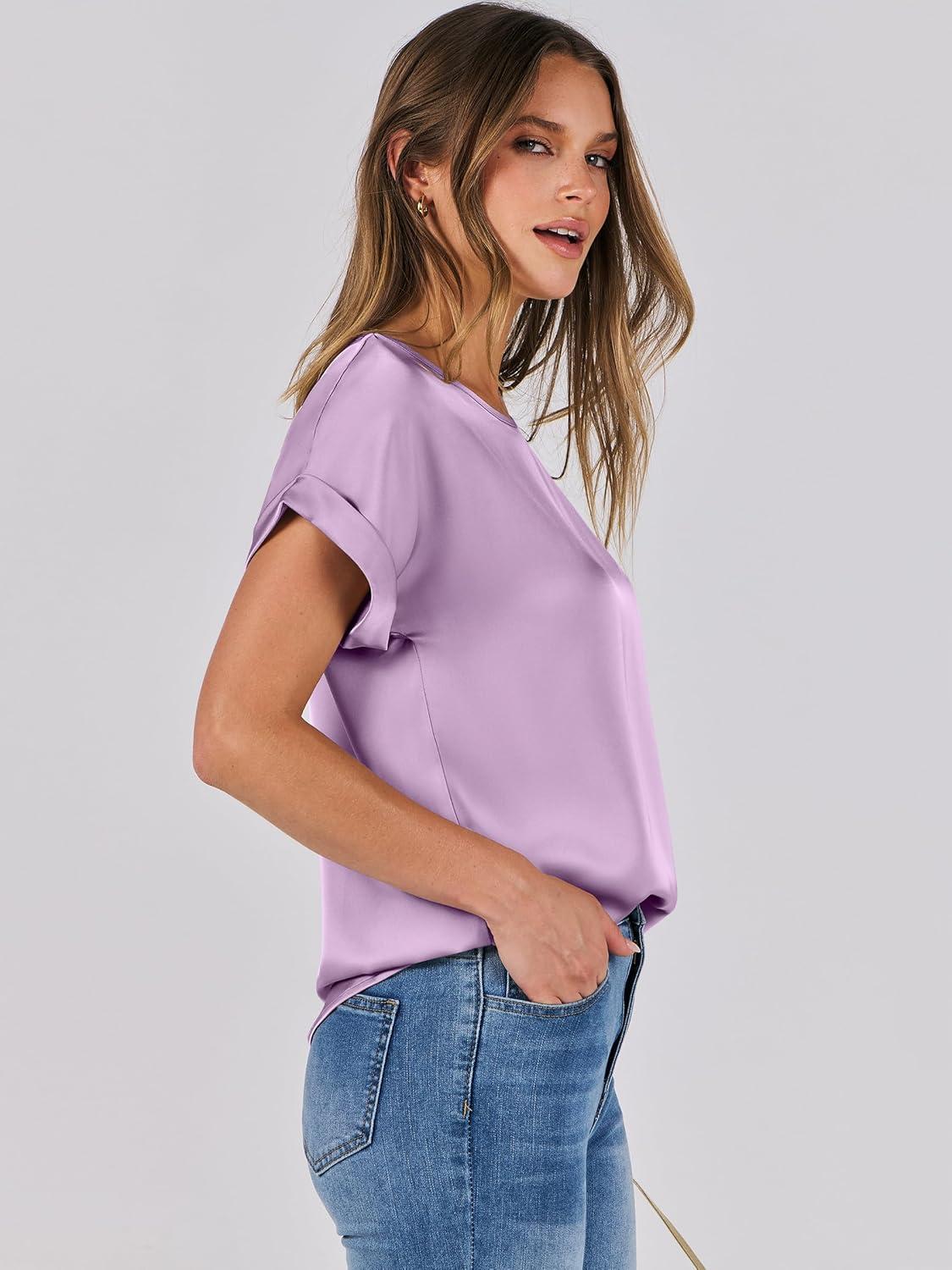 imageANRABESS Womens Summer Dressy Casual Short Sleeve Shirts Crewneck Satin 2025 Business Office Work Blouse TopsPurple
