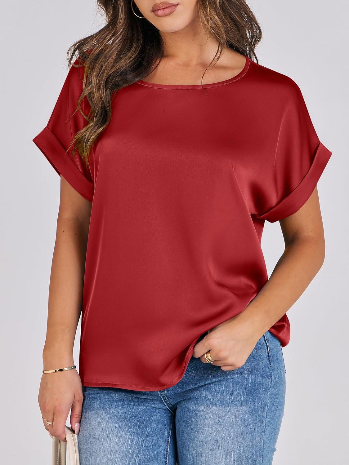 imageANRABESS Womens Summer Dressy Casual Short Sleeve Shirts Crewneck Satin 2025 Business Office Work Blouse TopsRed