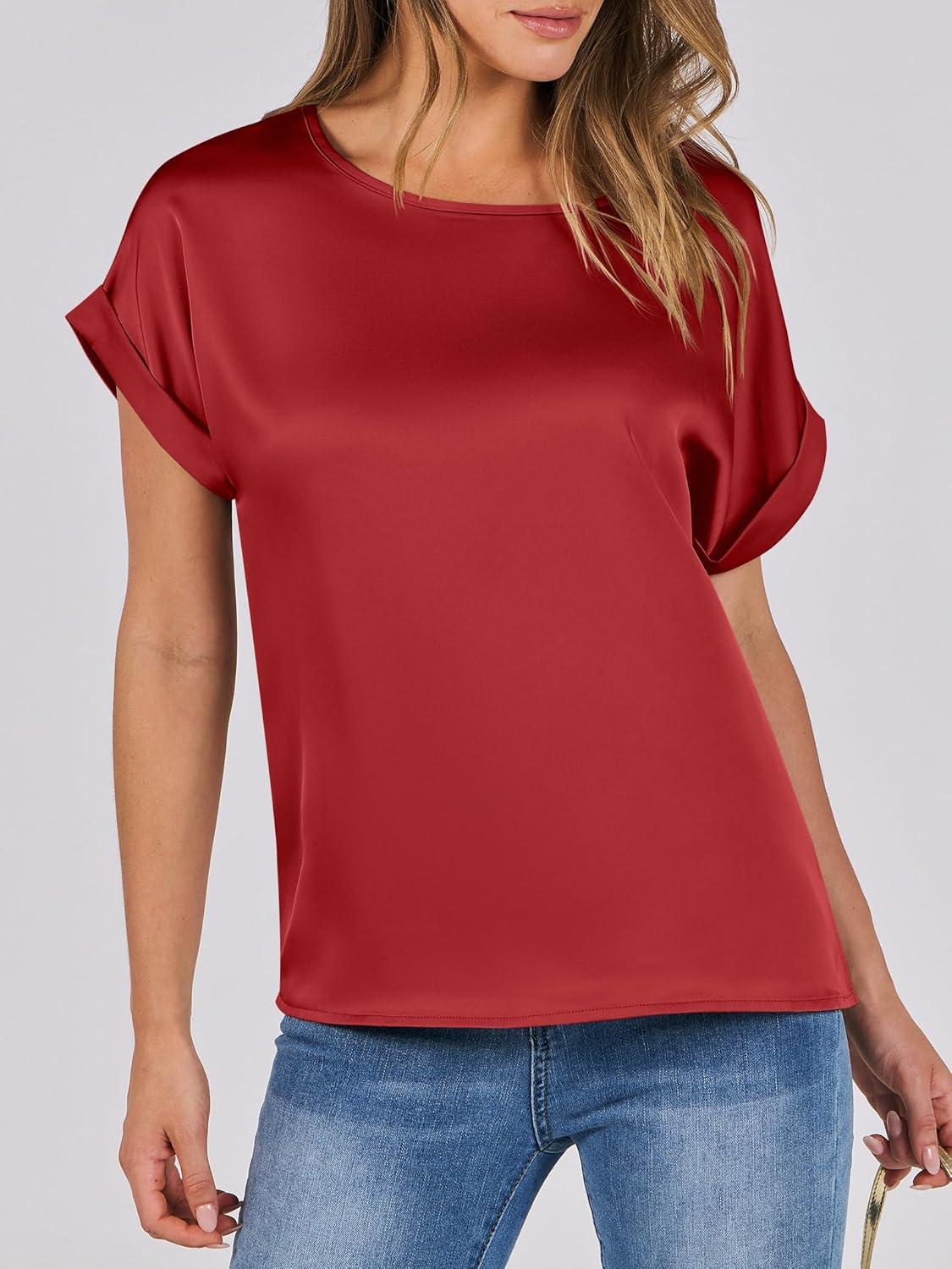 imageANRABESS Womens Summer Dressy Casual Short Sleeve Shirts Crewneck Satin 2025 Business Office Work Blouse TopsRed