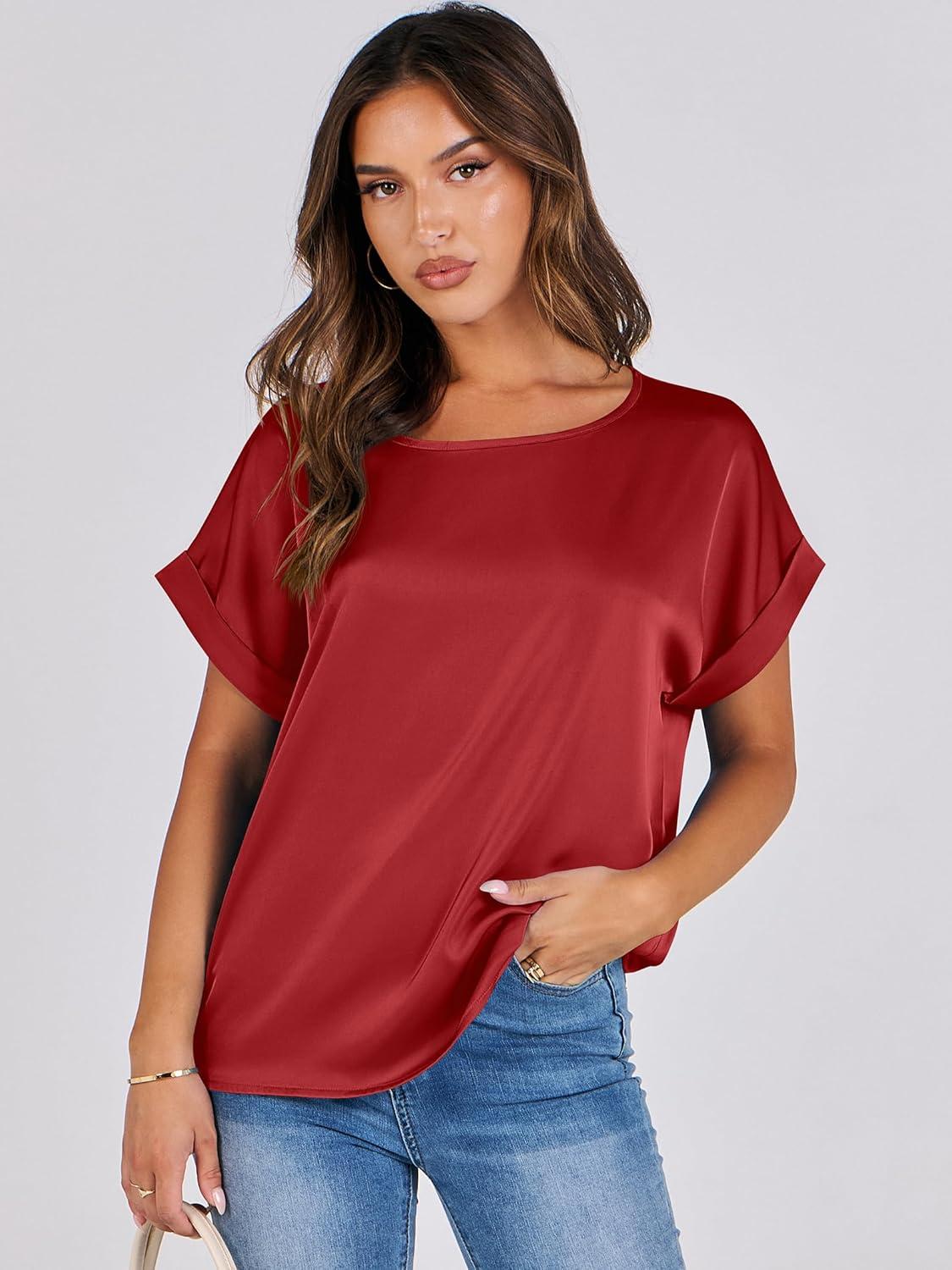 imageANRABESS Womens Summer Dressy Casual Short Sleeve Shirts Crewneck Satin 2025 Business Office Work Blouse TopsRed