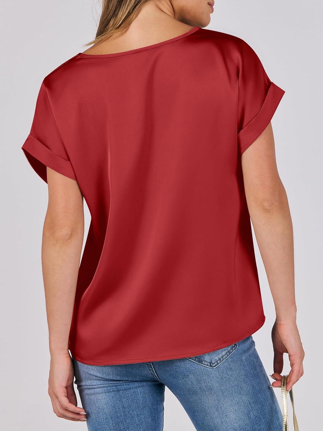 imageANRABESS Womens Summer Dressy Casual Short Sleeve Shirts Crewneck Satin 2025 Business Office Work Blouse TopsRed
