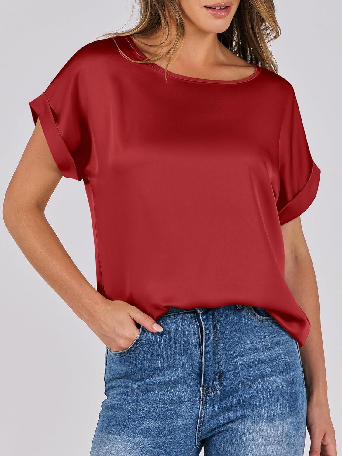 imageANRABESS Womens Summer Dressy Casual Short Sleeve Shirts Crewneck Satin 2025 Business Office Work Blouse TopsRed