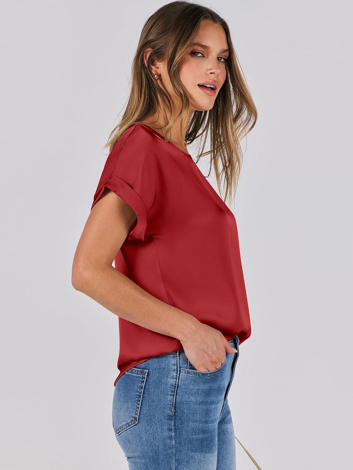 imageANRABESS Womens Summer Dressy Casual Short Sleeve Shirts Crewneck Satin 2025 Business Office Work Blouse TopsRed