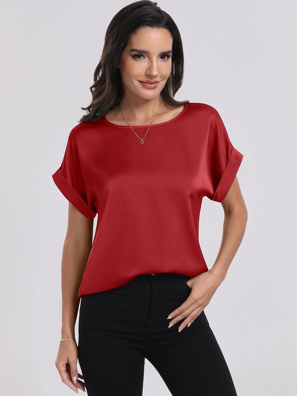 imageANRABESS Womens Summer Dressy Casual Short Sleeve Shirts Crewneck Satin 2025 Business Office Work Blouse TopsRed