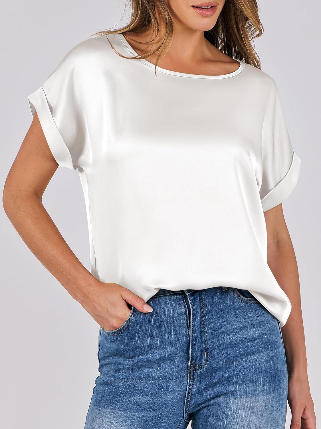 imageANRABESS Womens Summer Dressy Casual Short Sleeve Shirts Crewneck Satin 2025 Business Office Work Blouse TopsWhite
