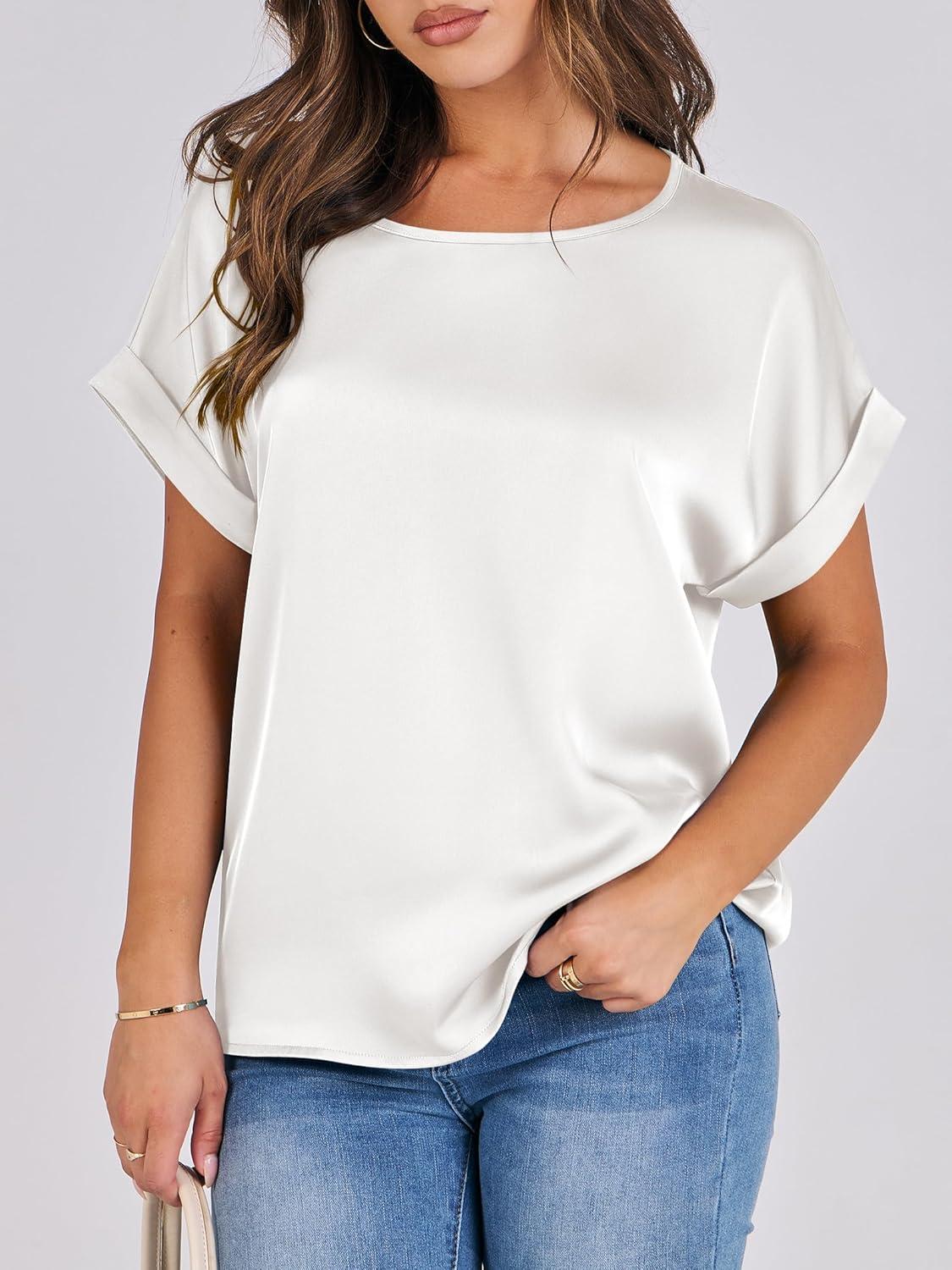 imageANRABESS Womens Summer Dressy Casual Short Sleeve Shirts Crewneck Satin 2025 Business Office Work Blouse TopsWhite