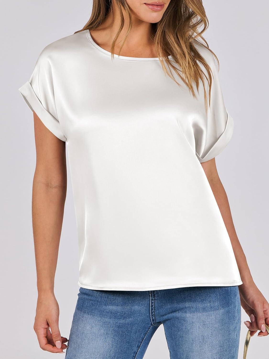 imageANRABESS Womens Summer Dressy Casual Short Sleeve Shirts Crewneck Satin 2025 Business Office Work Blouse TopsWhite