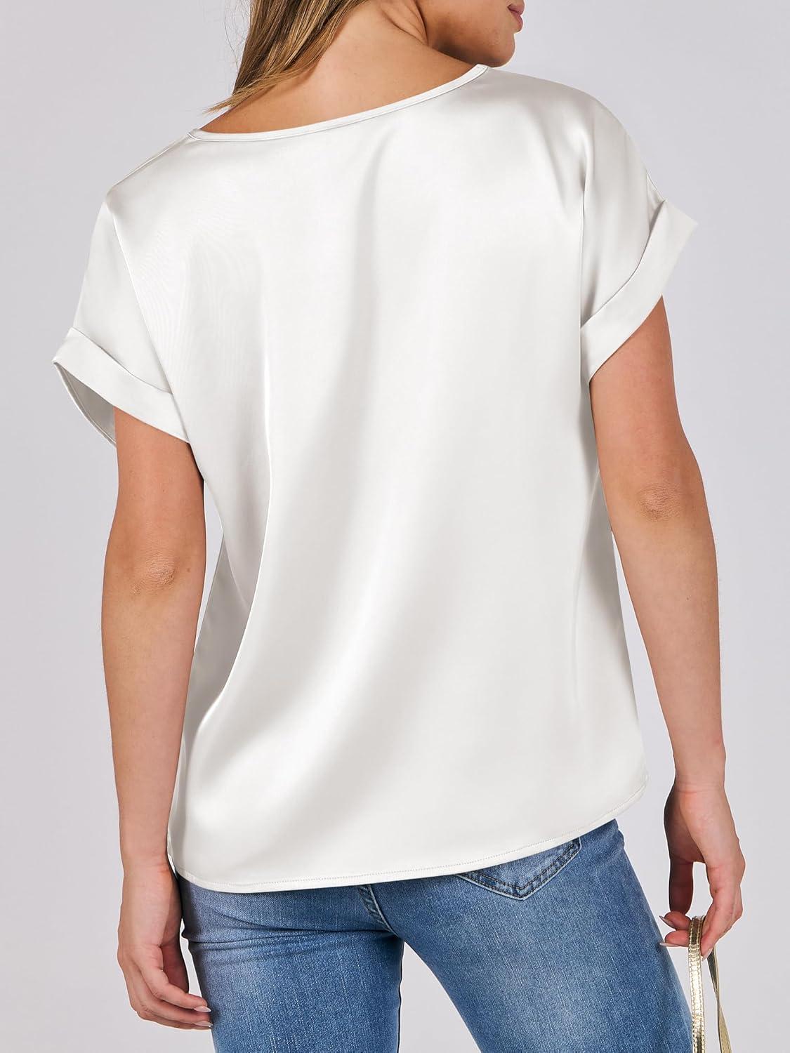 imageANRABESS Womens Summer Dressy Casual Short Sleeve Shirts Crewneck Satin 2025 Business Office Work Blouse TopsWhite