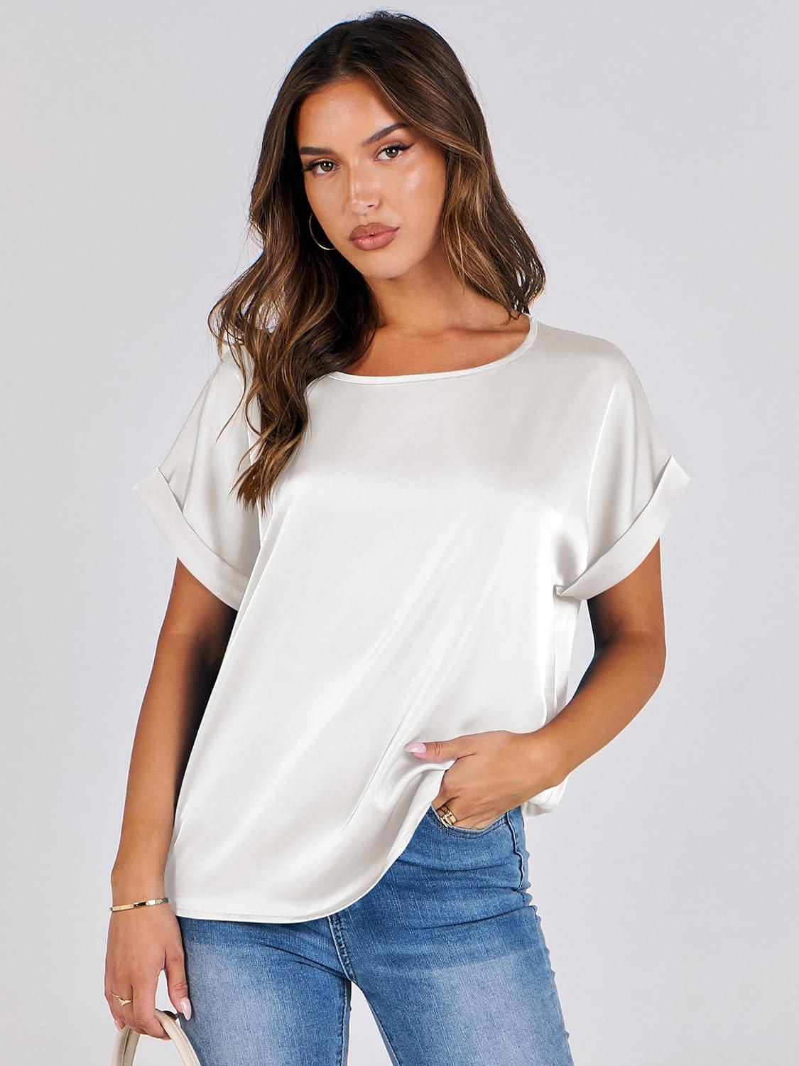 imageANRABESS Womens Summer Dressy Casual Short Sleeve Shirts Crewneck Satin 2025 Business Office Work Blouse TopsWhite