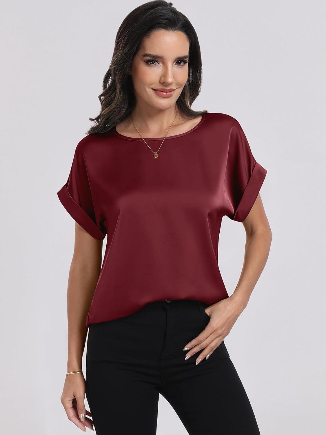 imageANRABESS Womens Summer Dressy Casual Short Sleeve Shirts Crewneck Satin 2025 Business Office Work Blouse TopsWine Red