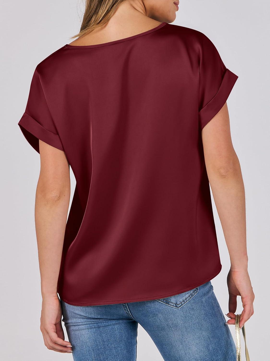 imageANRABESS Womens Summer Dressy Casual Short Sleeve Shirts Crewneck Satin 2025 Business Office Work Blouse TopsWine Red
