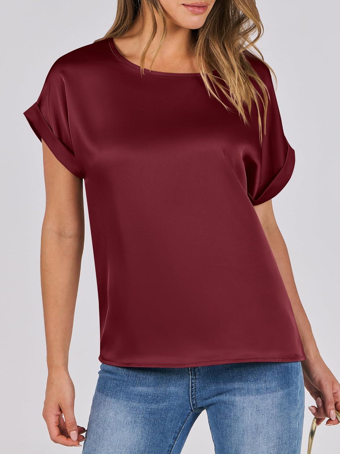 imageANRABESS Womens Summer Dressy Casual Short Sleeve Shirts Crewneck Satin 2025 Business Office Work Blouse TopsWine Red
