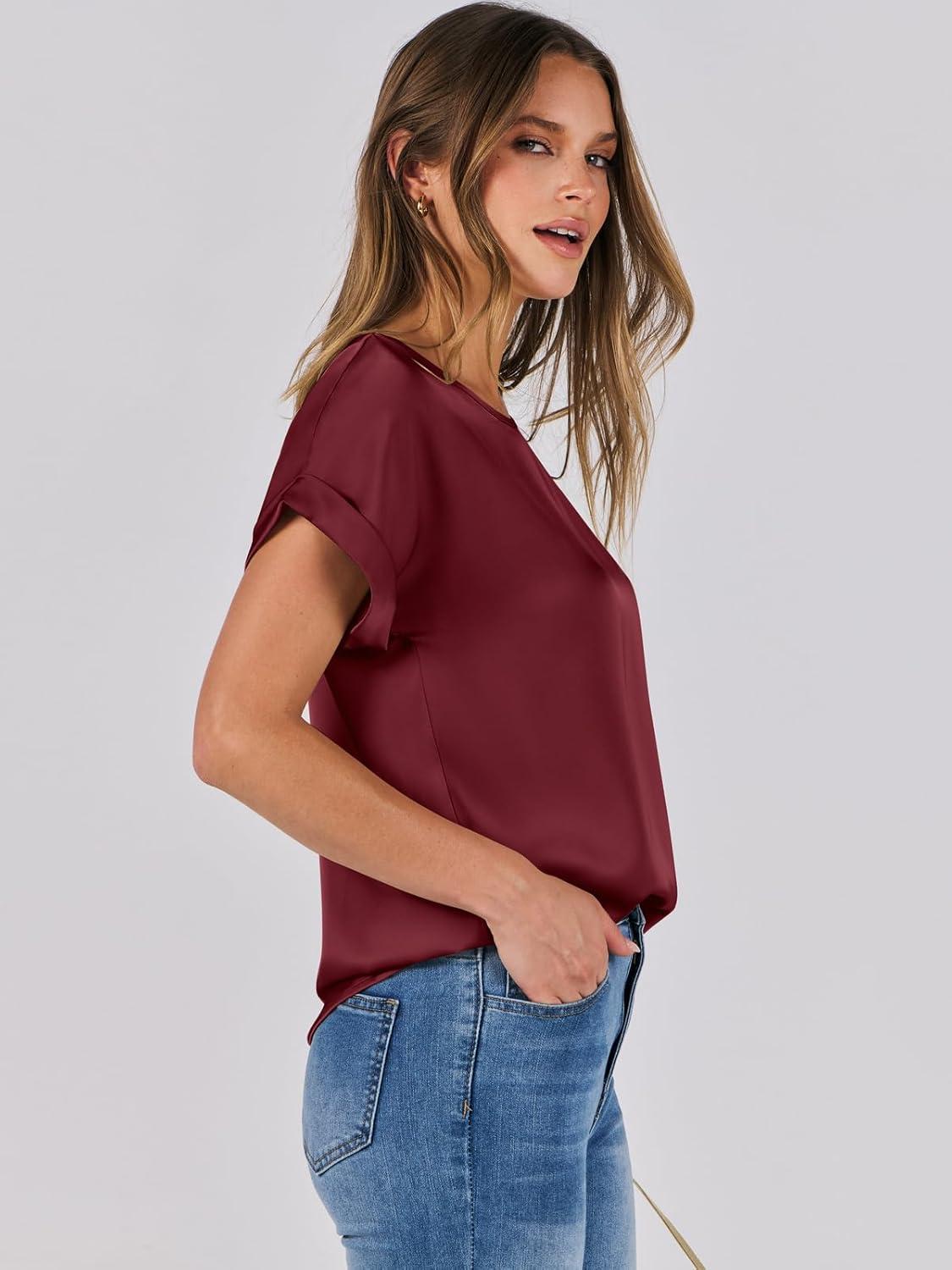 imageANRABESS Womens Summer Dressy Casual Short Sleeve Shirts Crewneck Satin 2025 Business Office Work Blouse TopsWine Red