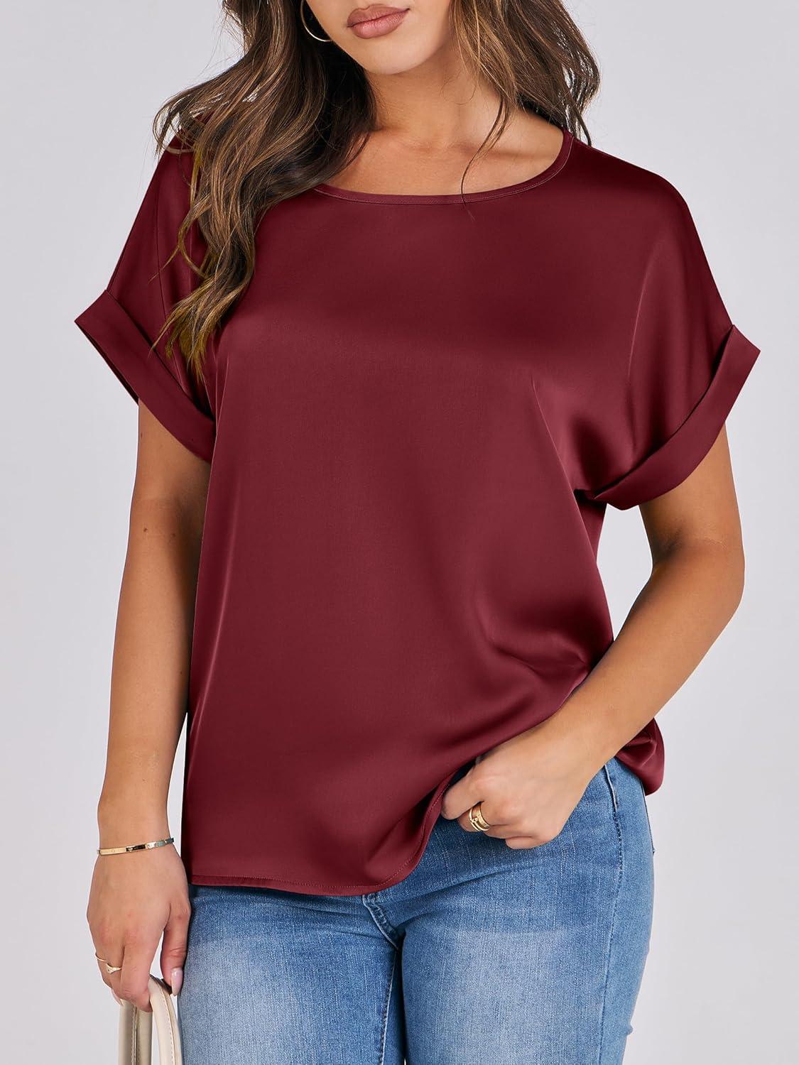 imageANRABESS Womens Summer Dressy Casual Short Sleeve Shirts Crewneck Satin 2025 Business Office Work Blouse TopsWine Red